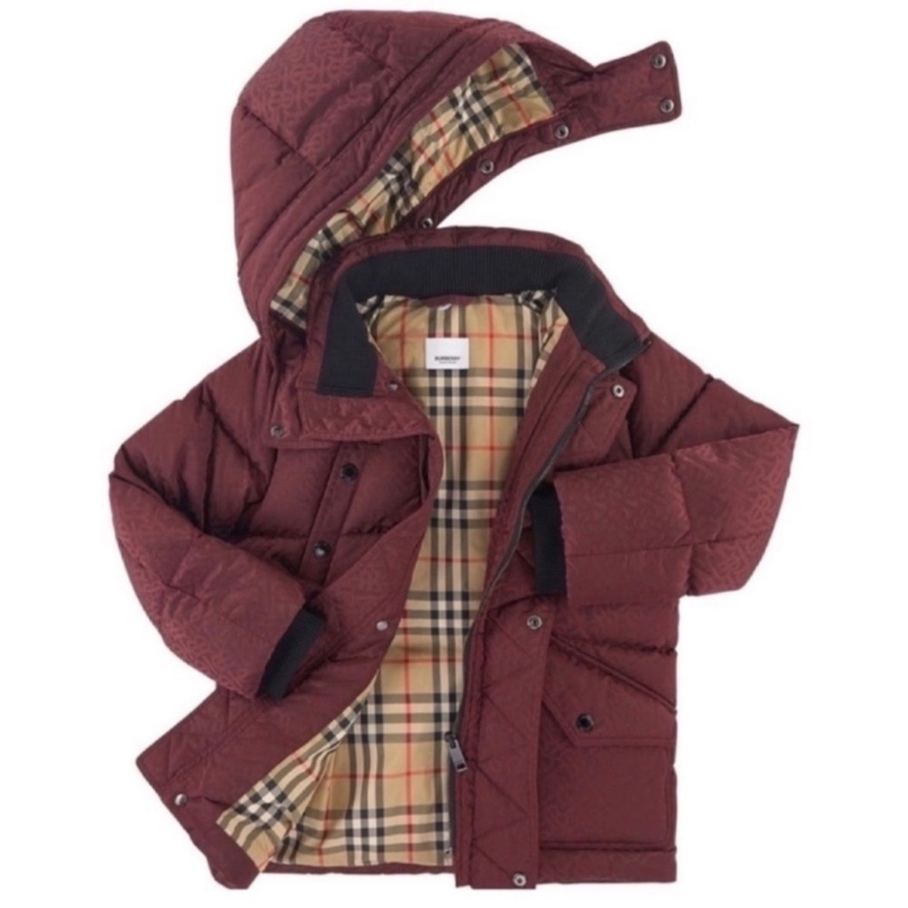Burberry Girls Ryker Burgundy Monogram Down Hooded Winter Coat - 8Y
